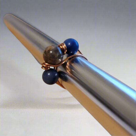 Handmade Labradorite and Blue Aventurine Copper Wire Wrapped Ring Non-Adjustable - Picture 2 of 6